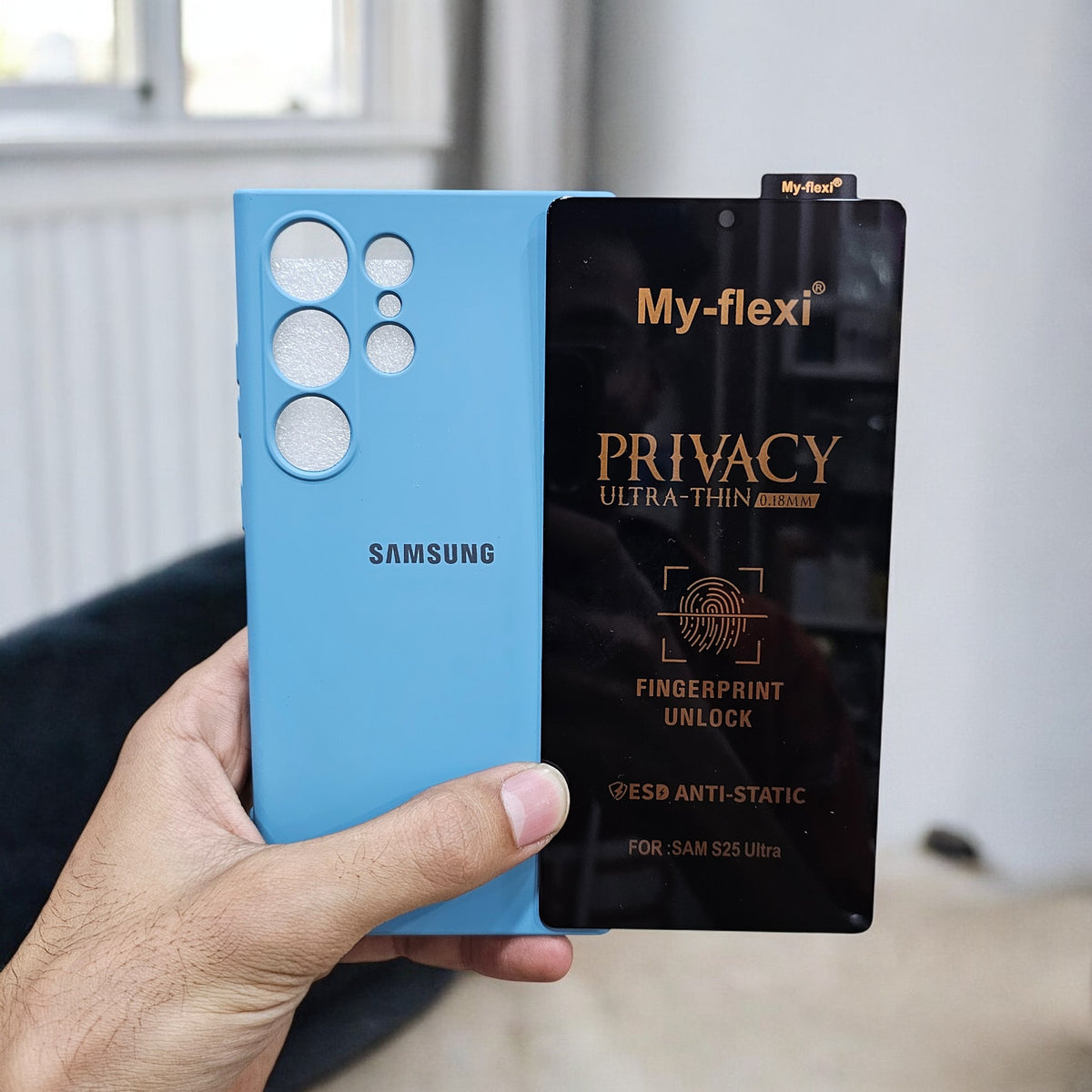 (combo pack)Samsung S25 Ultra Soft Silicone Case + Privacy Tempered Glass - Blue3