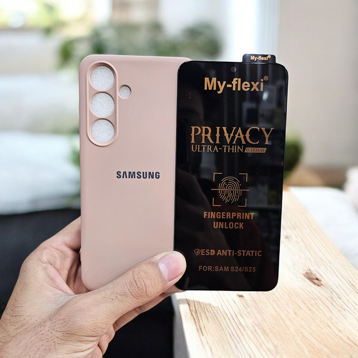 (combo pack)Samsung S24 Soft Silicone Case + Fingerprint Tempered Glass - Peach
