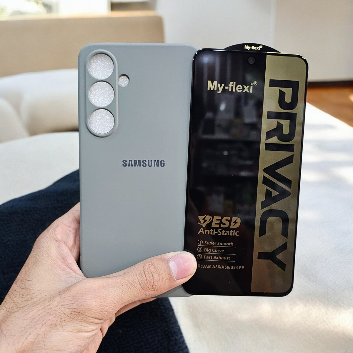 (combo pack)Samsung S24 Fe Soft Silicone Case + Privacy Tempered Glass - Grey