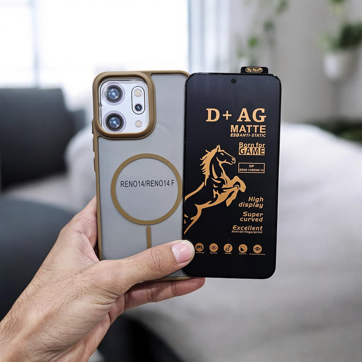(combo pack)Oppo Reno 14 Magsafe Printed Case + Gaming Matte Tempered Glass - Brown