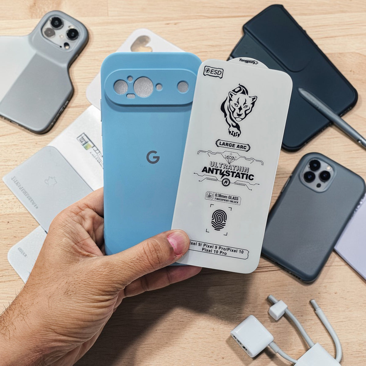 (combo pack)Google Pixel 9 Soft Silicone Case + Fingerprint Tempered Glass - Sky Blue