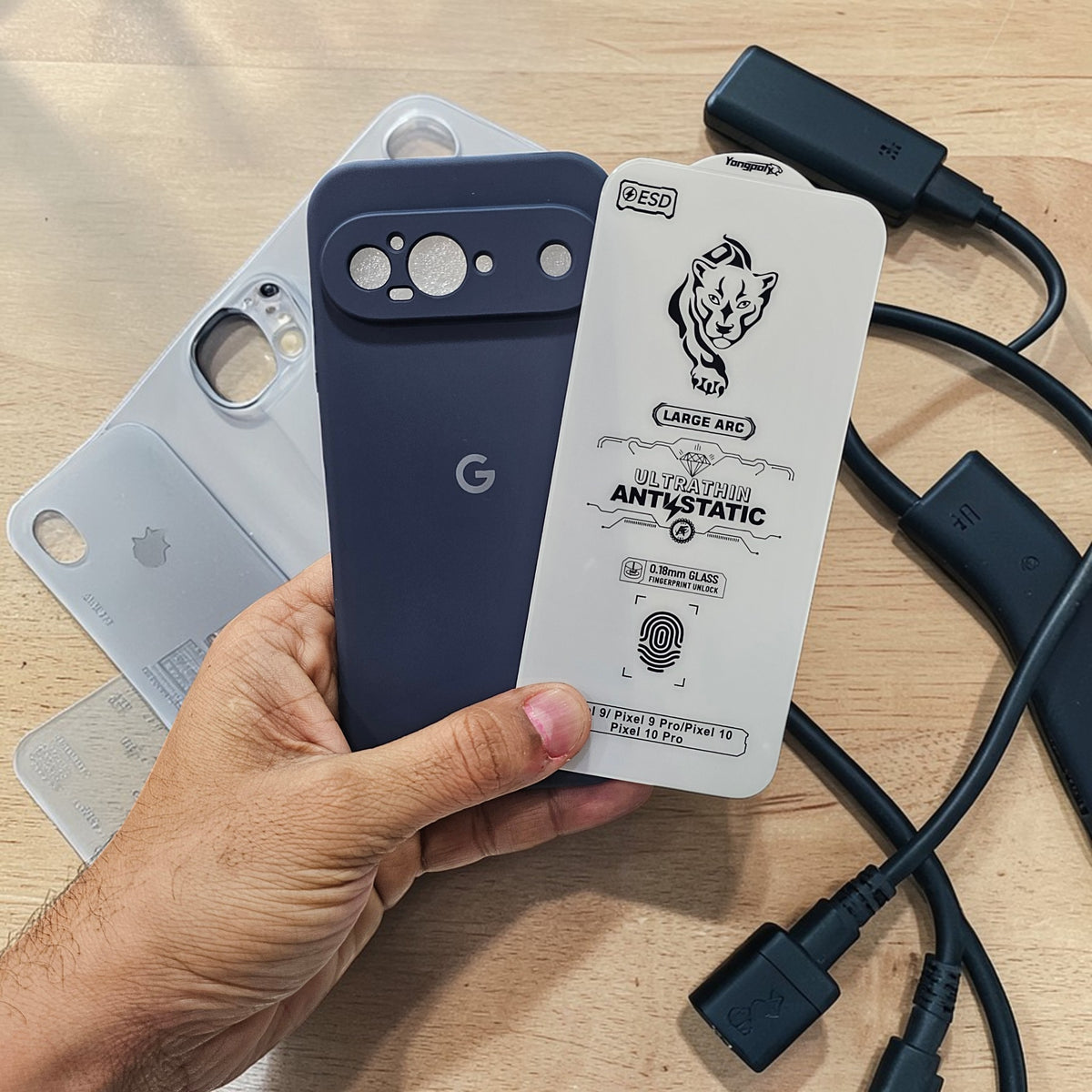 (combo pack)Google Pixel 9 Soft Silicone Case + Fingerprint Tempered Glass - Dark Blue