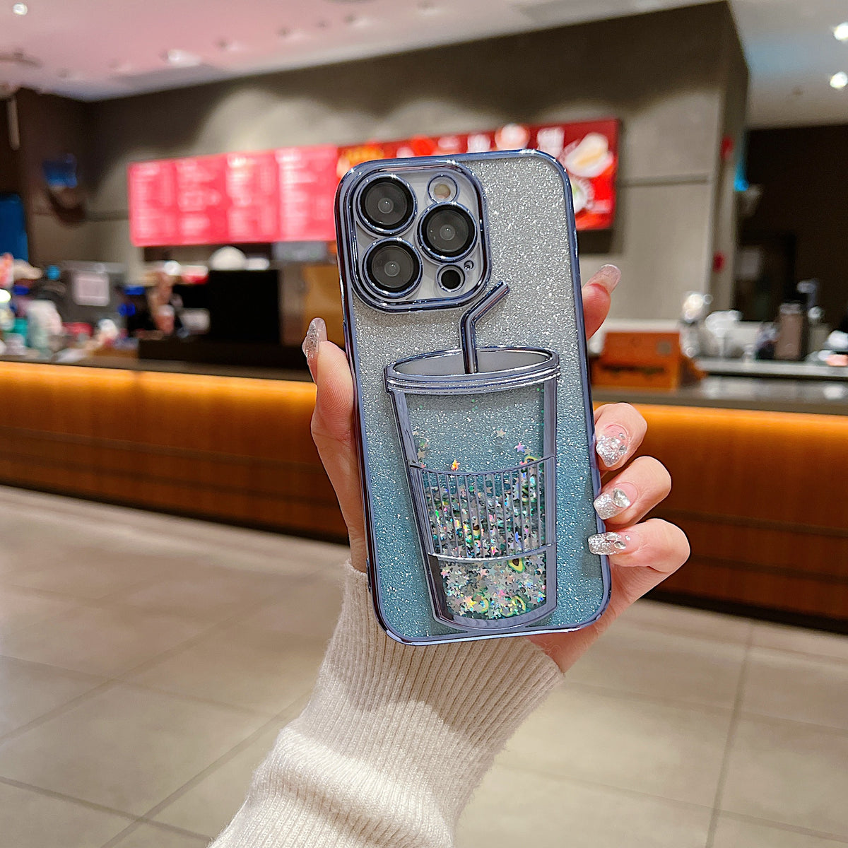 Apple iPhone 13 Pro Max Luxury Colurfull Cup Glitter Back Case Cover - Blue