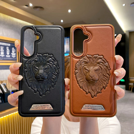 Samsung S23 5G Branded Premium Lion Face Leather Back Case - Black