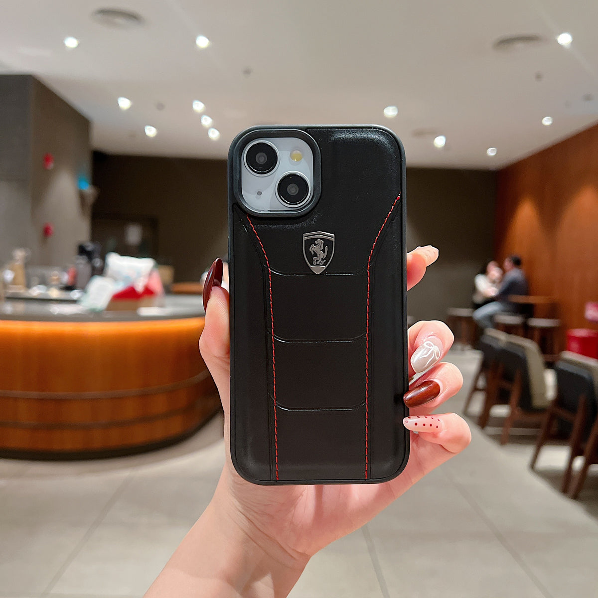 Apple iPhone 15 Plus Luxury Branded Car Logo Leather Designer Case - Ferrari