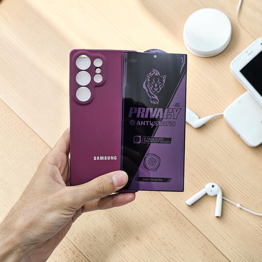 (combo pack)Samsung S25 Ultra Soft Silicone Case + Privacy Tempered Glass - Wine Red