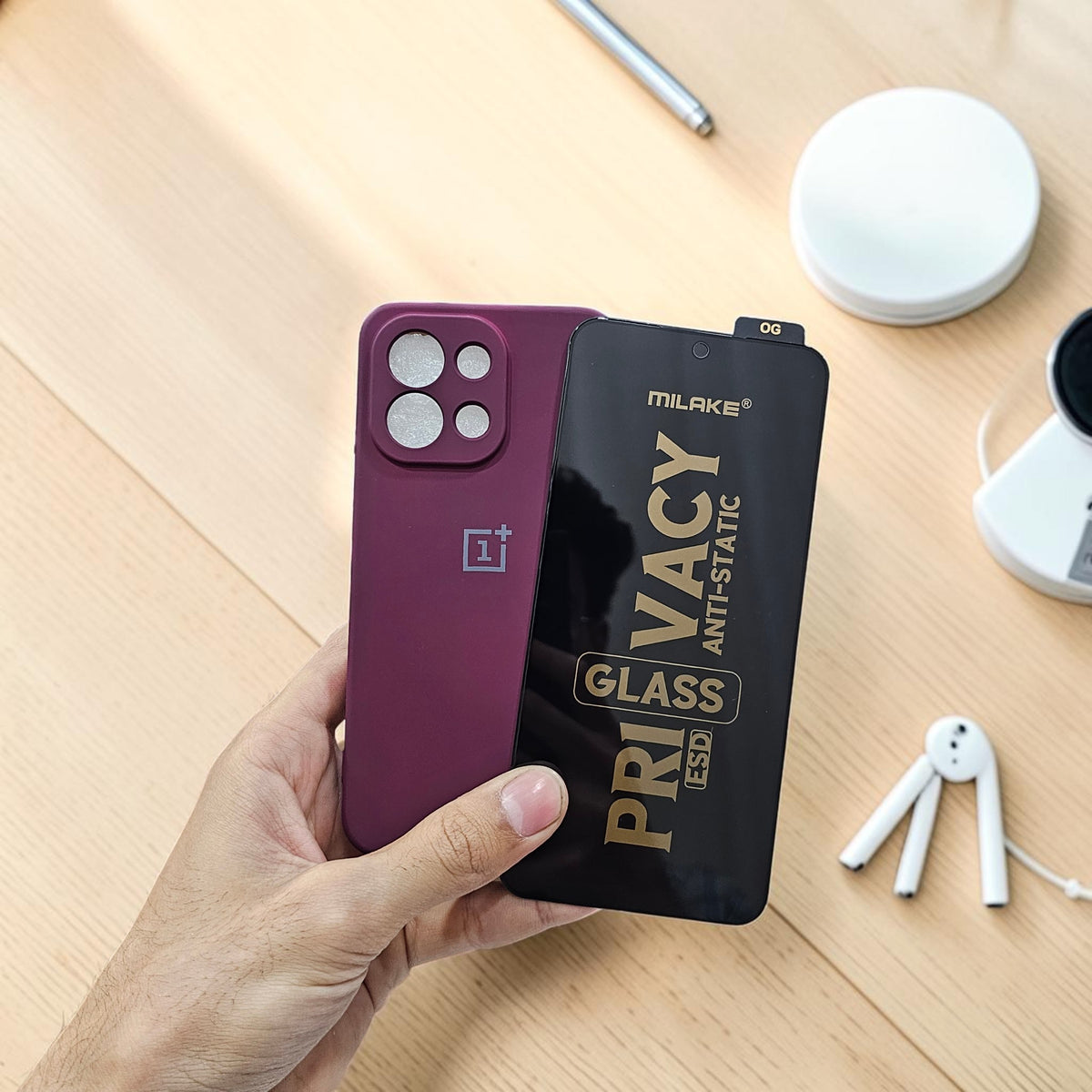 (combo pack)OnePlus 13S Soft Silicone Case + Privacy Tempered Glass - Wine Red