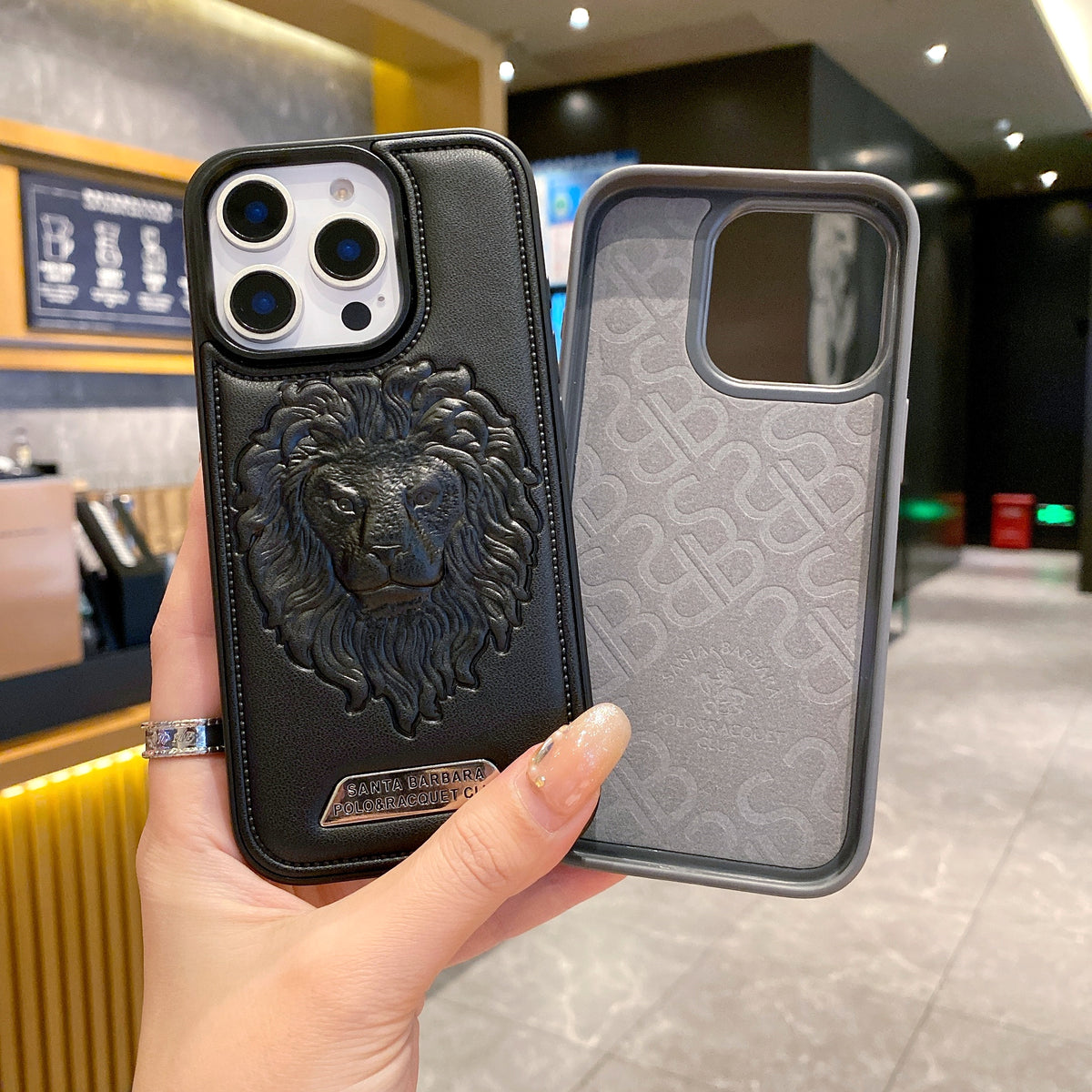Apple iPhone Pro series Branded Premium Lion Face Leather Back Case - Grey