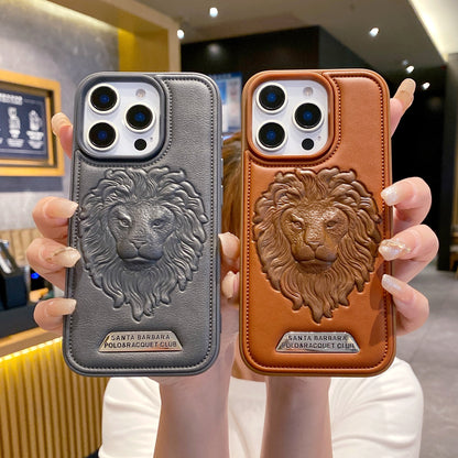 Apple iPhone Pro series Branded Premium Lion Face Leather Back Case - Grey