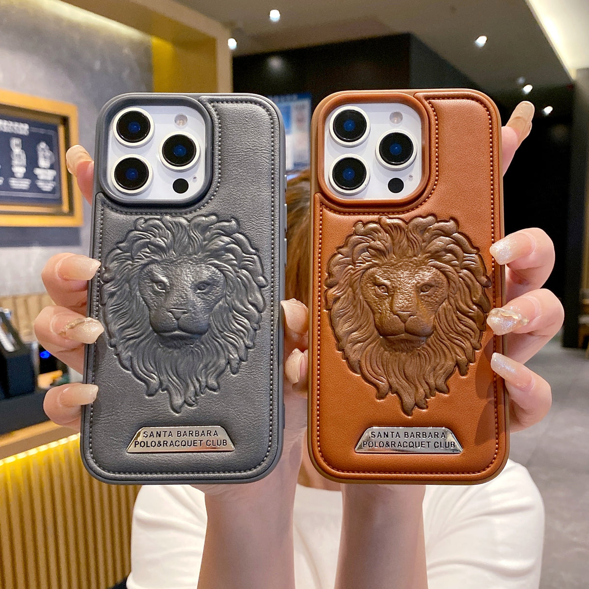 Apple iPhone Pro series Branded Premium Lion Face Leather Back Case - Brown
