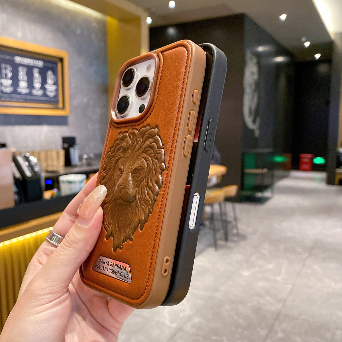 Apple iPhone Pro series Branded Premium Lion Face Leather Back Case - Brown