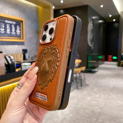 Apple iPhone Pro series Branded Premium Lion Face Leather Back Case - Brown