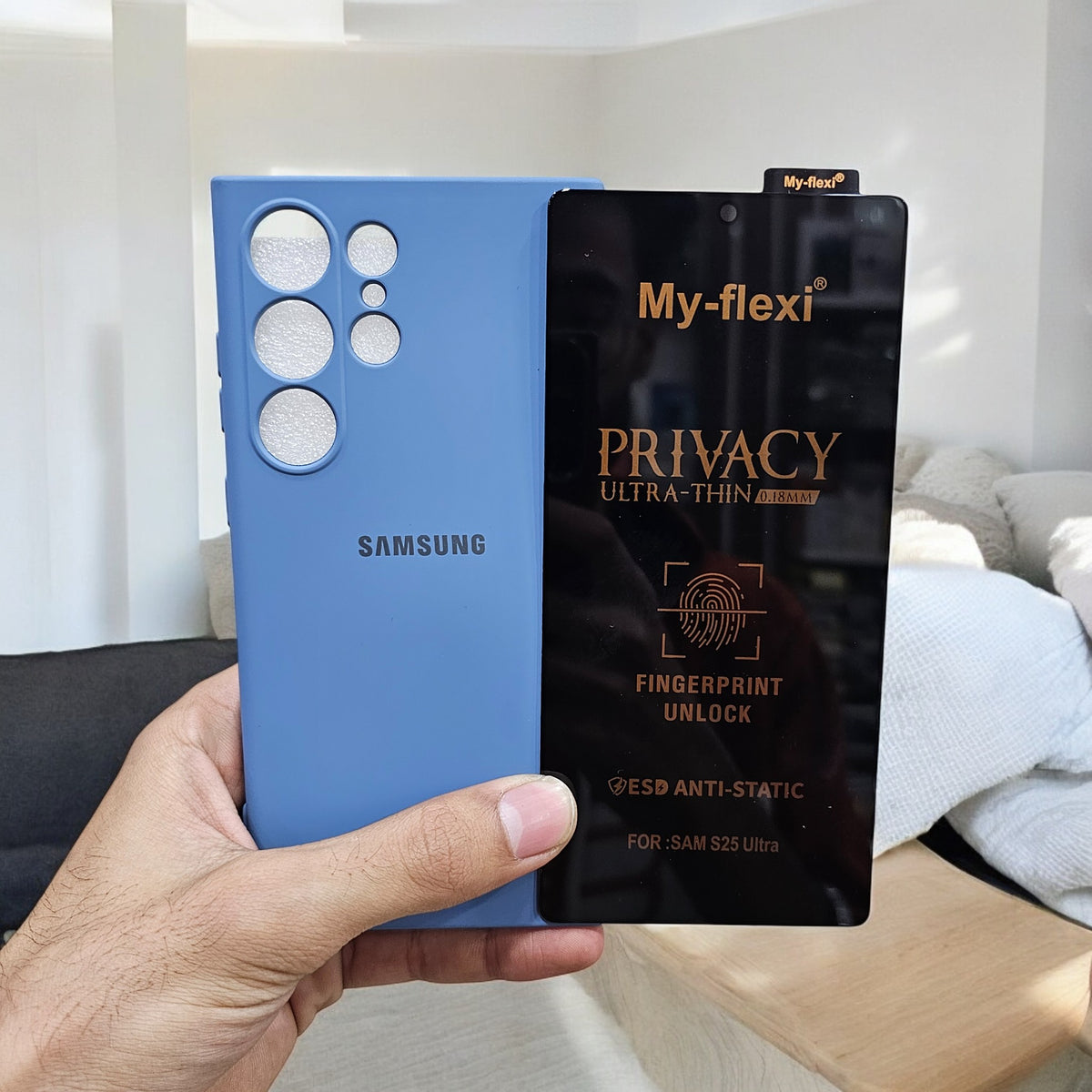 (combo pack)Samsung S25 Ultra Soft Silicone Case + Privacy Tempered Glass - Blue1