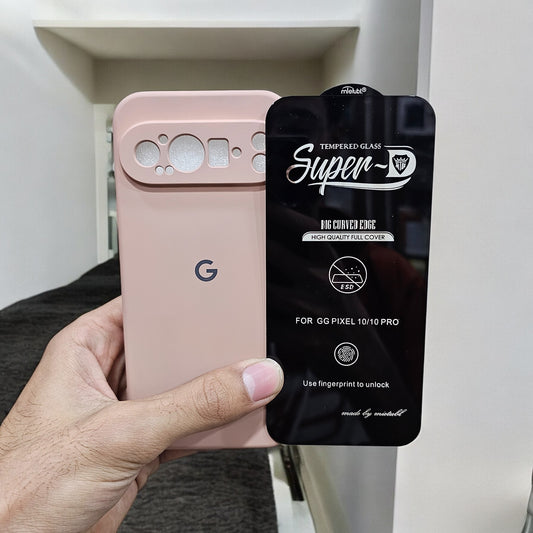 (combo pack)Google Pixel 9 Pro Soft Silicone Case + Fingerprint Tempered Glass - Peach