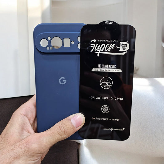 (combo pack)Google Pixel 9 Pro Soft Silicone Case + Fingerprint Tempered Glass - Blue