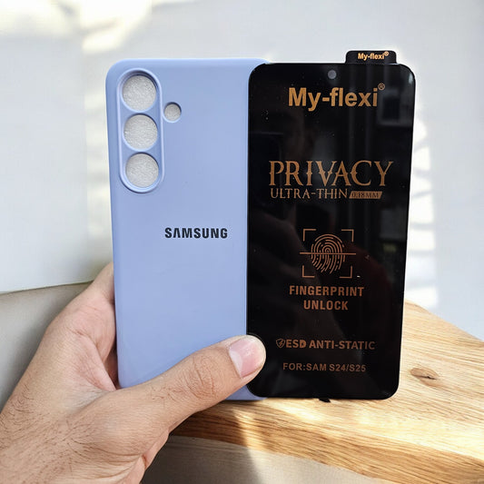 (combo pack)Samsung S24 Soft Silicone Case + Privacy Tempered Glass - Blue3