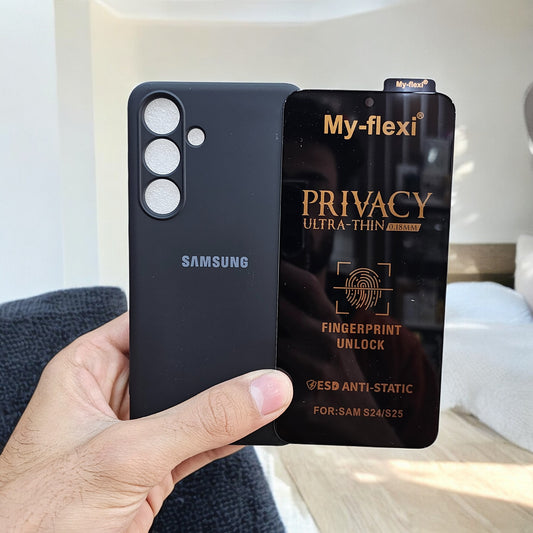 (combo pack)Samsung S24 Soft Silicone Case + Privacy Tempered Glass - Black