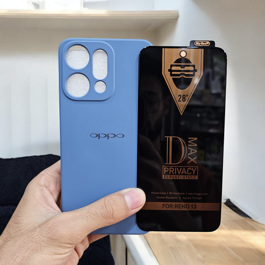(combo pack)Oppo Reno 14 Soft Silicone Case + Privacy Tempered Glass - Blue3