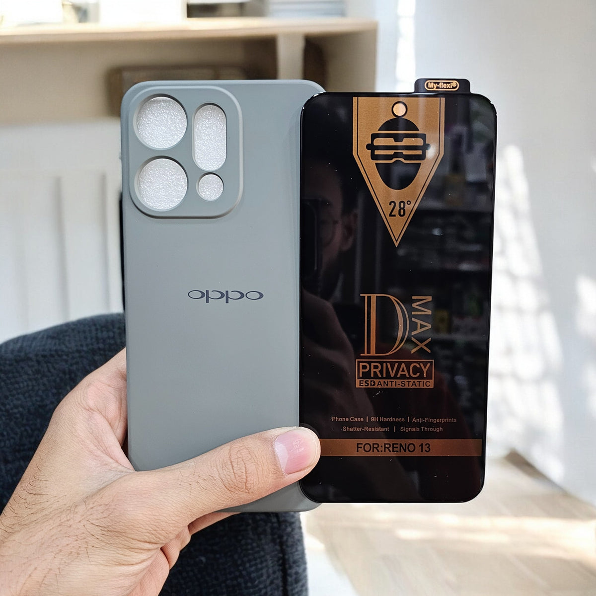 (combo pack)Oppo Reno 14 Soft Silicone Case + Privacy Tempered Glass - Grey
