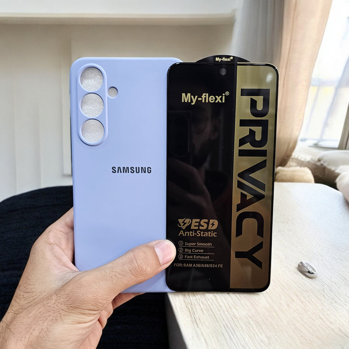 (combo pack)Samsung S24 Fe Soft Silicone Case + Privacy Tempered Glass - Blue1