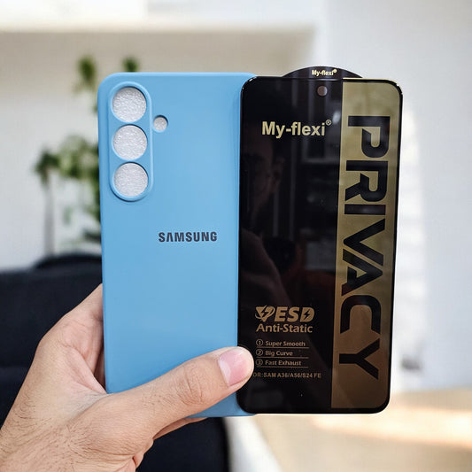 (combo pack)Samsung S24 Fe Soft Silicone Case + Privacy Tempered Glass - Blue2
