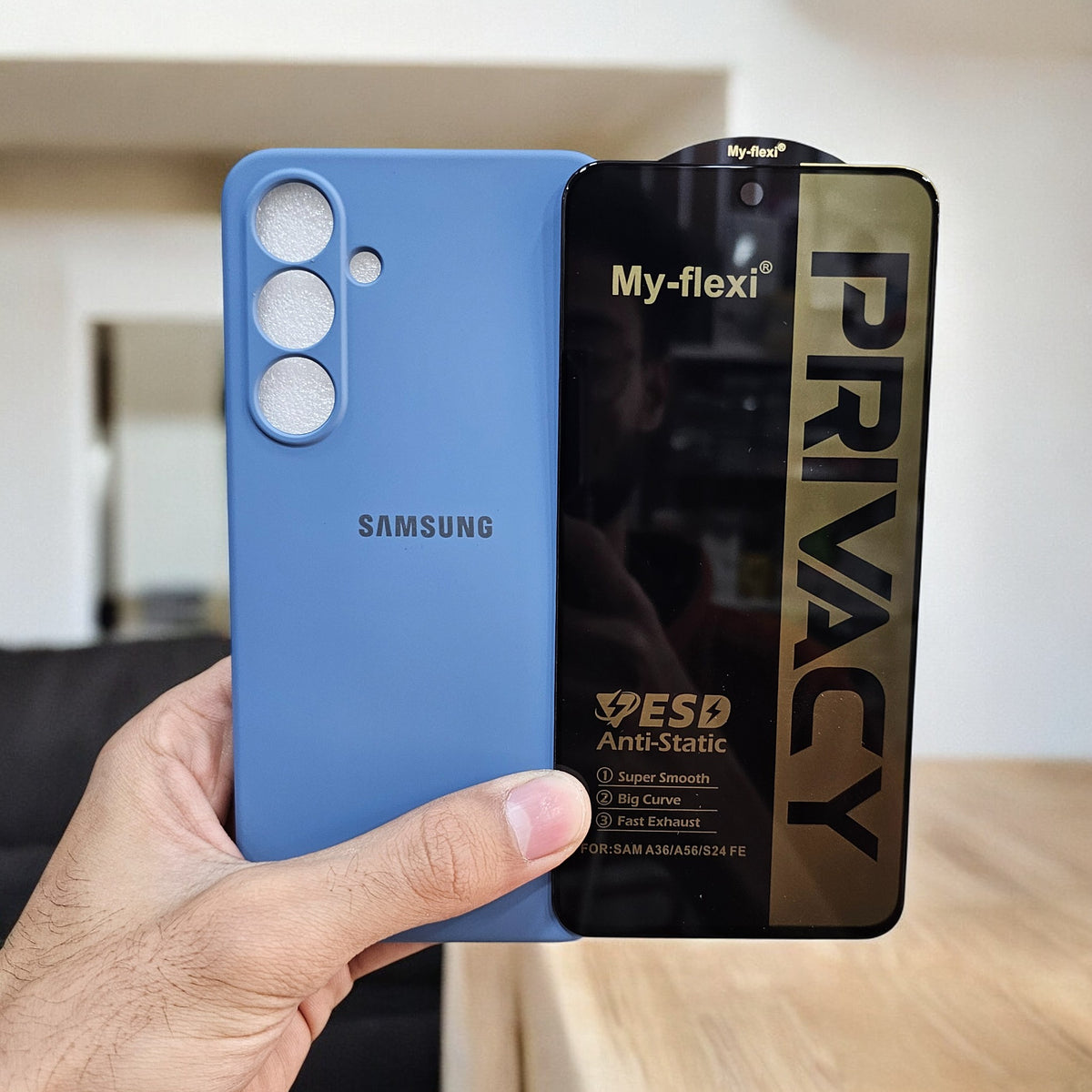 (combo pack)Samsung S24 Fe Soft Silicone Case + Privacy Tempered Glass - Blue3