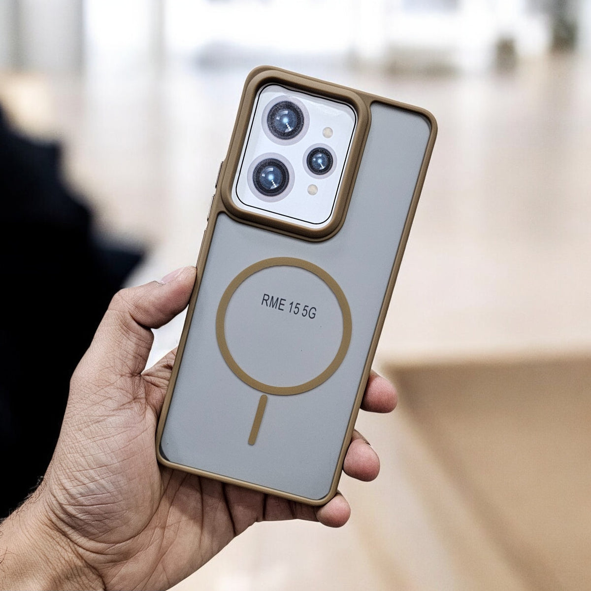 Realme 15 5G Magsafe Printed Metal Buttons Back Case Cover - Brown