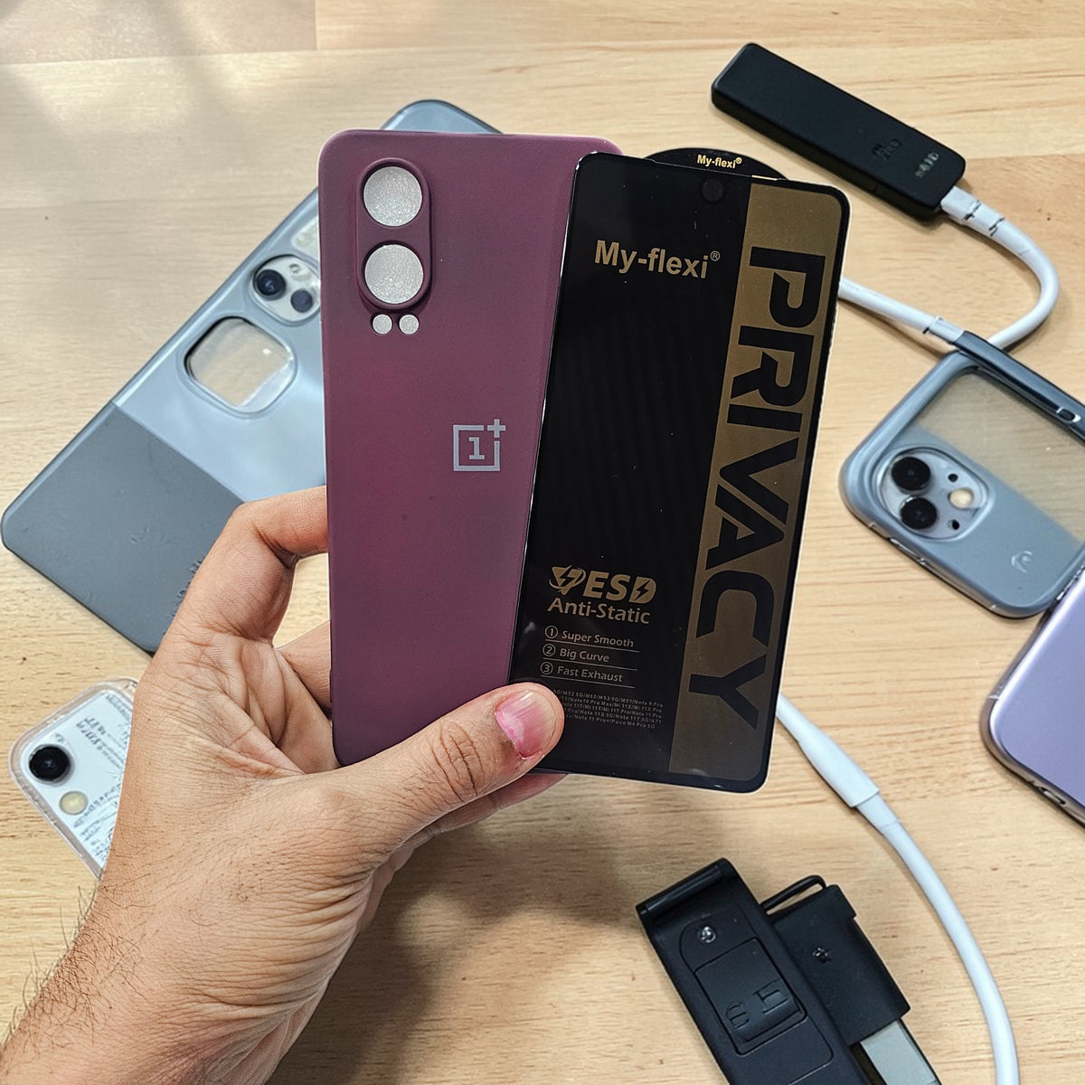 (combo pack)OnePlus Nord Ce 4 Lite Soft Silicone Case + Anti-Spy Privacy Tempered Glass - Wine Red