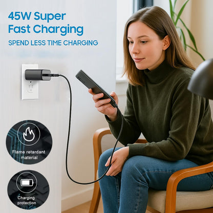 45W Super Fast USB C Charger With Cable For Samsung S series,M series,A series