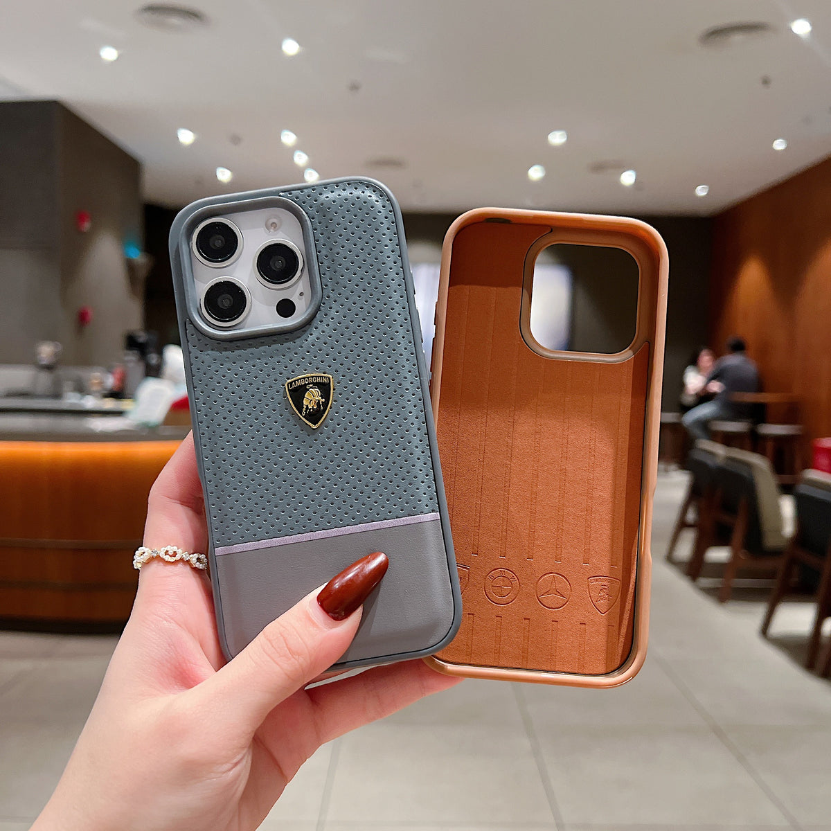 Apple iPhone 15 Pro Luxury Branded Car Logo Leather Designer Case - Lamborghini