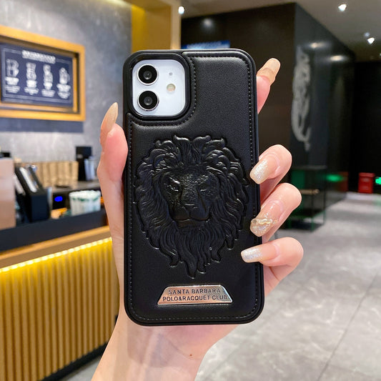 Apple iPhone 12/12 Pro Branded Premium Lion Face Leather Back Case - Black