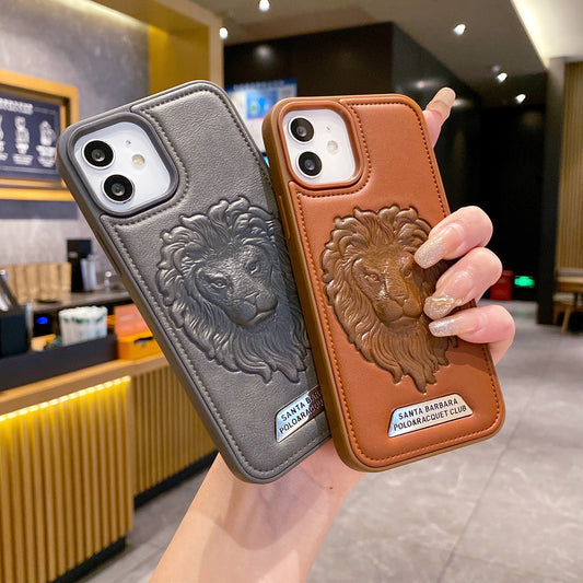 Apple iPhone 12/12 Pro Branded Premium Lion Face Leather Back Case - Grey