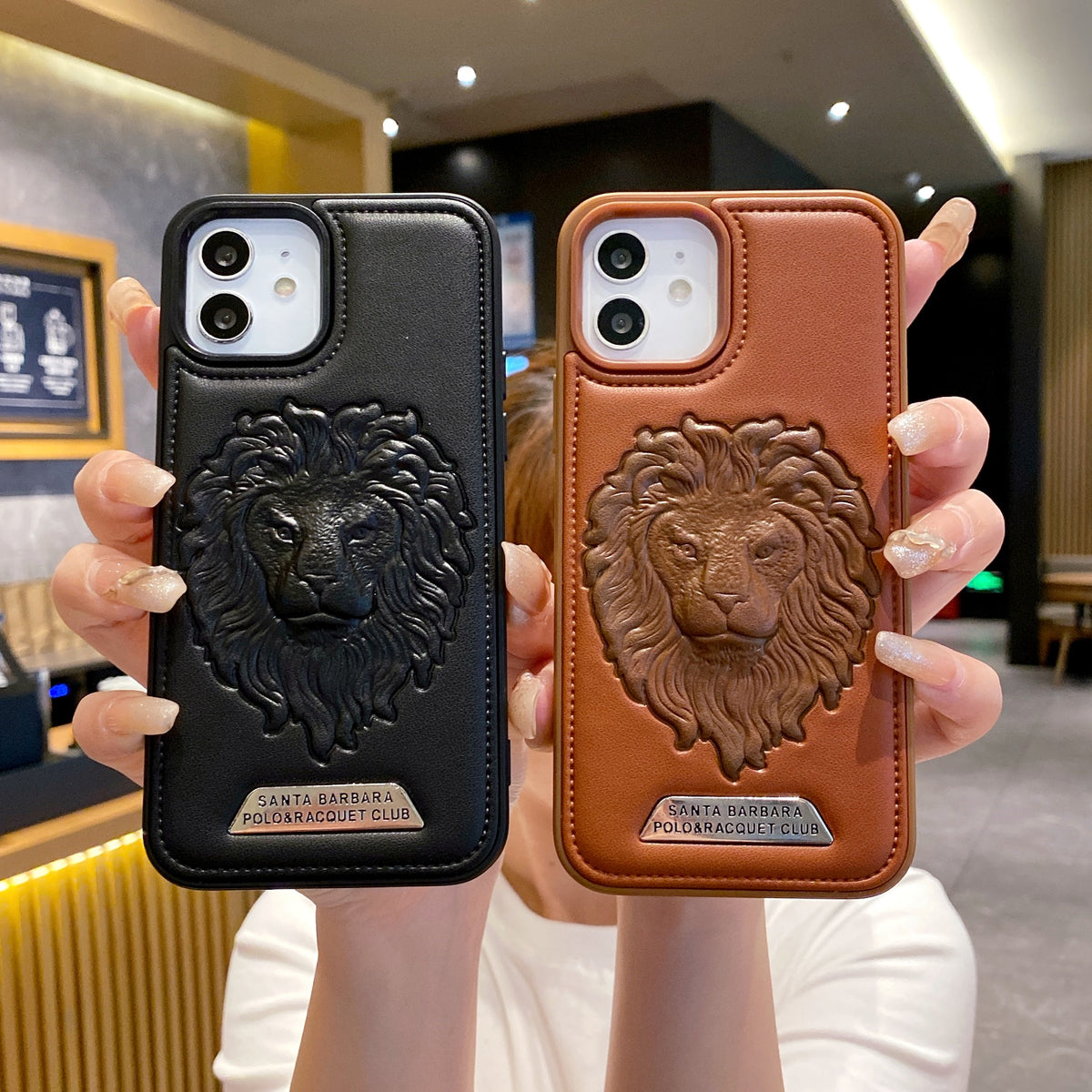 Apple iPhone 12/12 Pro Branded Premium Lion Face Leather Back Case - Black