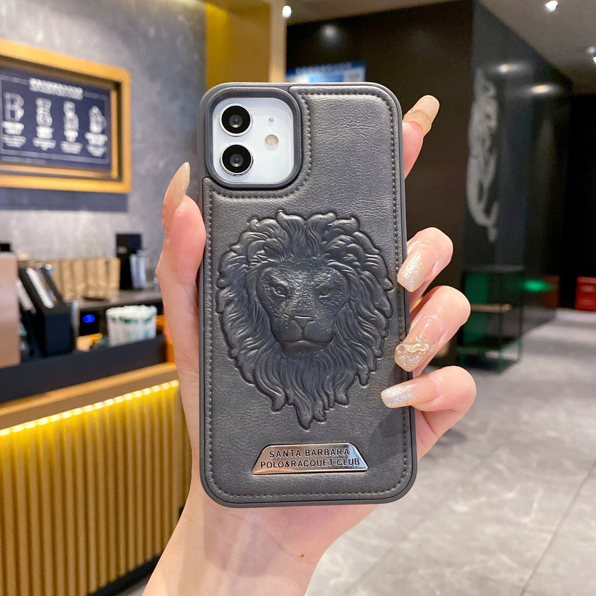Apple iPhone 12/12 Pro Branded Premium Lion Face Leather Back Case - Grey