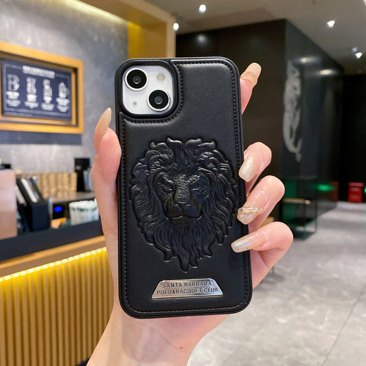Apple iPhone Branded Premium Lion Face Leather Back Case - Black