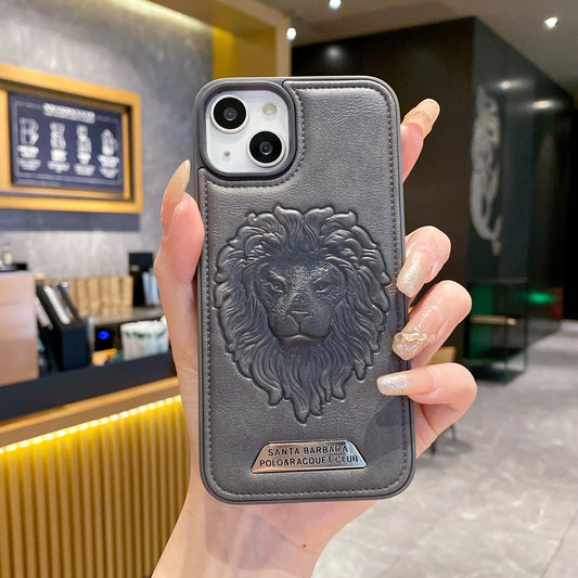 Apple iPhone Branded Premium Lion Face Leather Back Case - Grey
