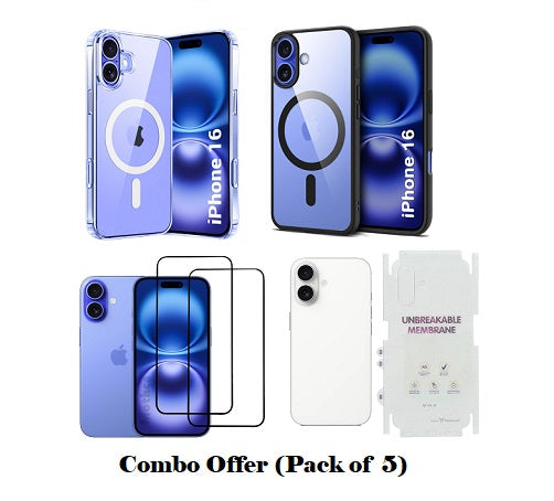 (Pack of 5) Apple iPhone 16 Series (2*Back case+2*Tempered back+Back Membrane)