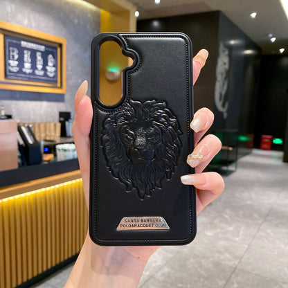 Samsung S24 FE 5G Branded Premium Lion Face Leather Back Case - Black
