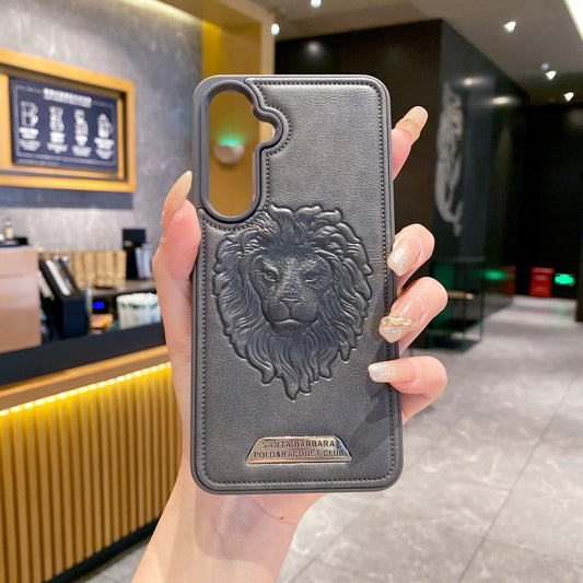 Samsung S24 5G Branded Premium Lion Face Leather Back Case - Grey