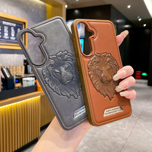 Samsung S23 5G Branded Premium Lion Face Leather Back Case - Grey