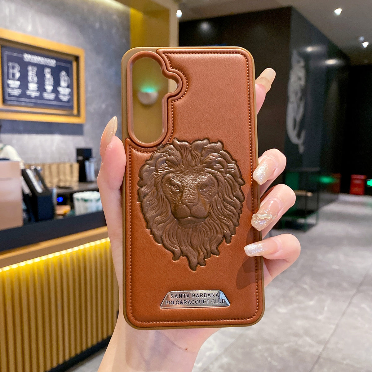 Samsung S24 FE 5G Branded Premium Lion Face Leather Back Case - Brown
