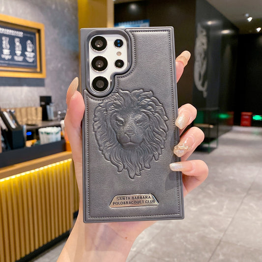 Samsung S23 Ultra 5G Branded Premium Lion Face Leather Back Case - Grey
