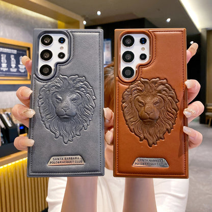 Samsung S23 Ultra 5G Branded Premium Lion Face Leather Back Case - Grey