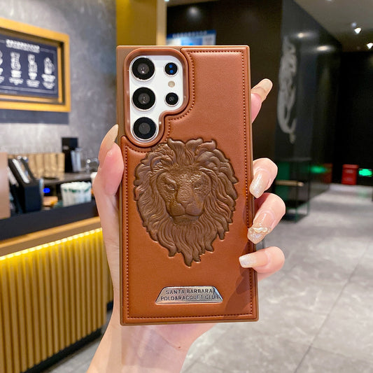 Samsung S23 Ultra 5G Branded Premium Lion Face Leather Back Case - Brown