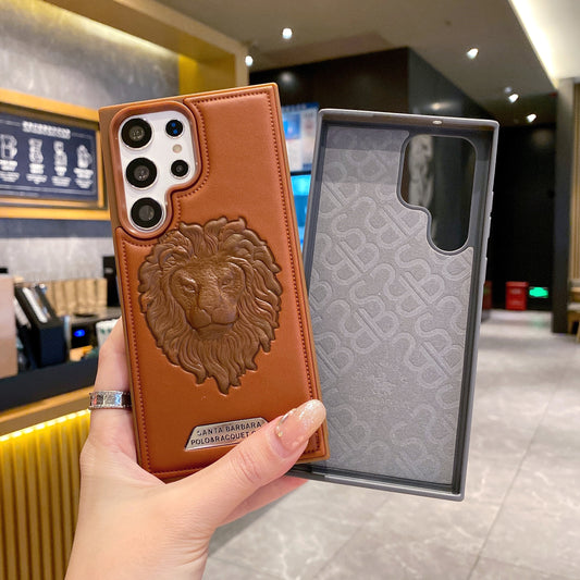 Samsung S23 Ultra 5G Branded Premium Lion Face Leather Back Case - Brown