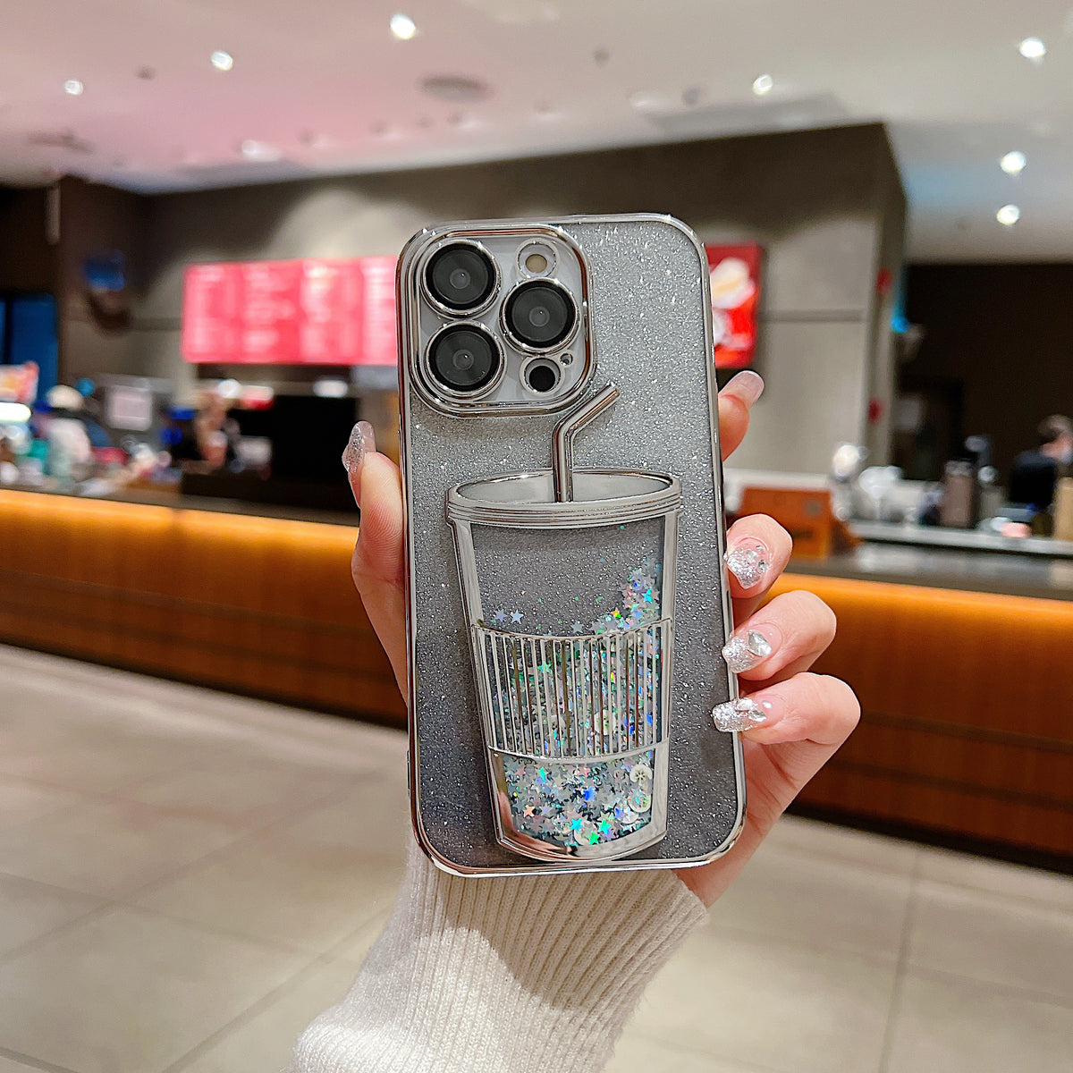 Apple iPhone 15 Pro Luxury Colurfull Cup Glitter Back Case Cover - Silver